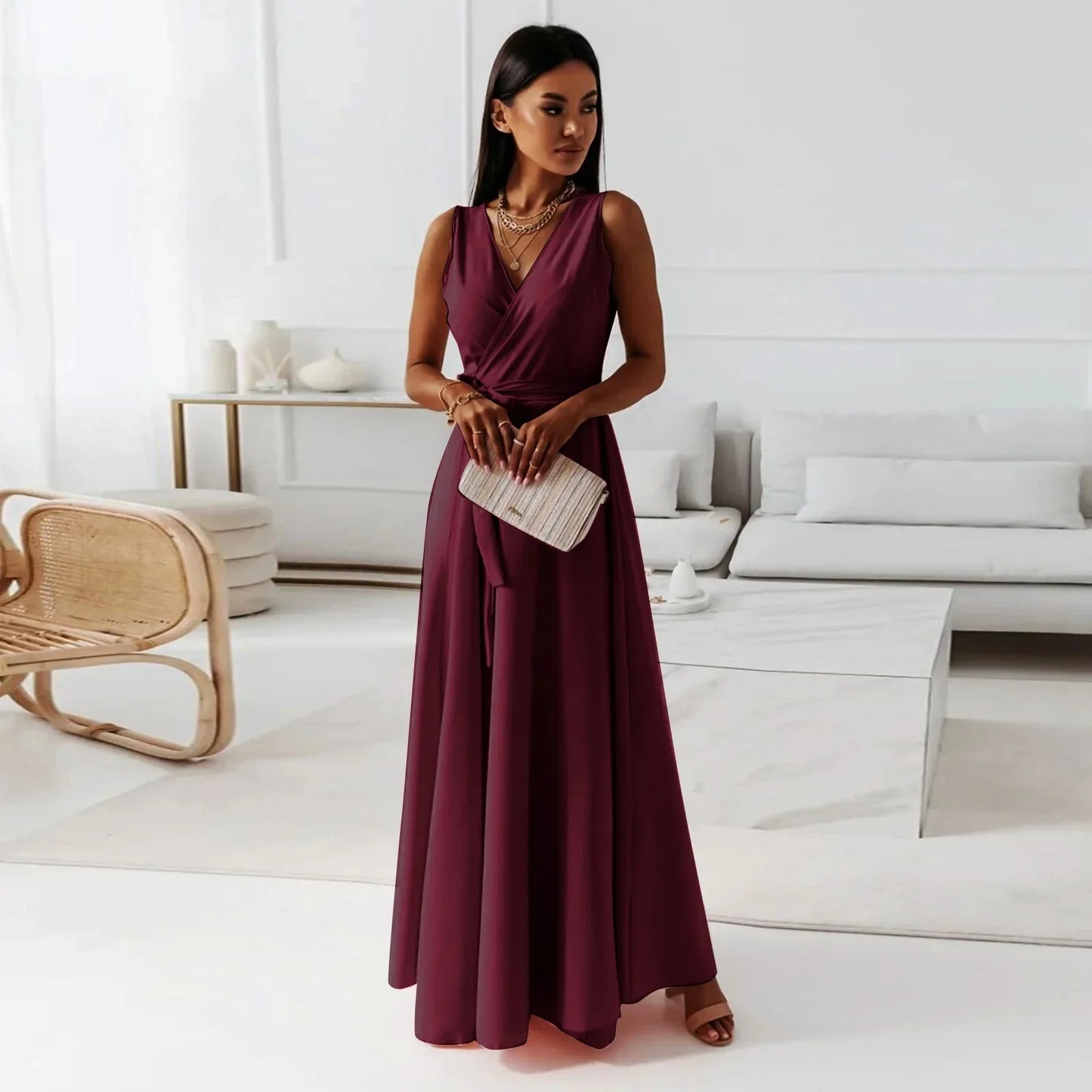 Frühling Sommer Neue Stil frauen Lange V-ausschnitt Kleid Reine Farbe Maxi Kleid Ärmelloses Empire-Taille Kleid für Damen Modische