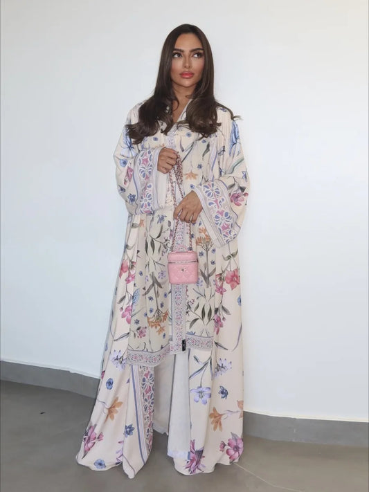 Eid Frauen Abaya Blume Drucken Offene Strickjacke Schal Party Kleid Muslimischen Langarm Jalabiya Ramadan Abayas Kaftan Arabischen Lange Robe.