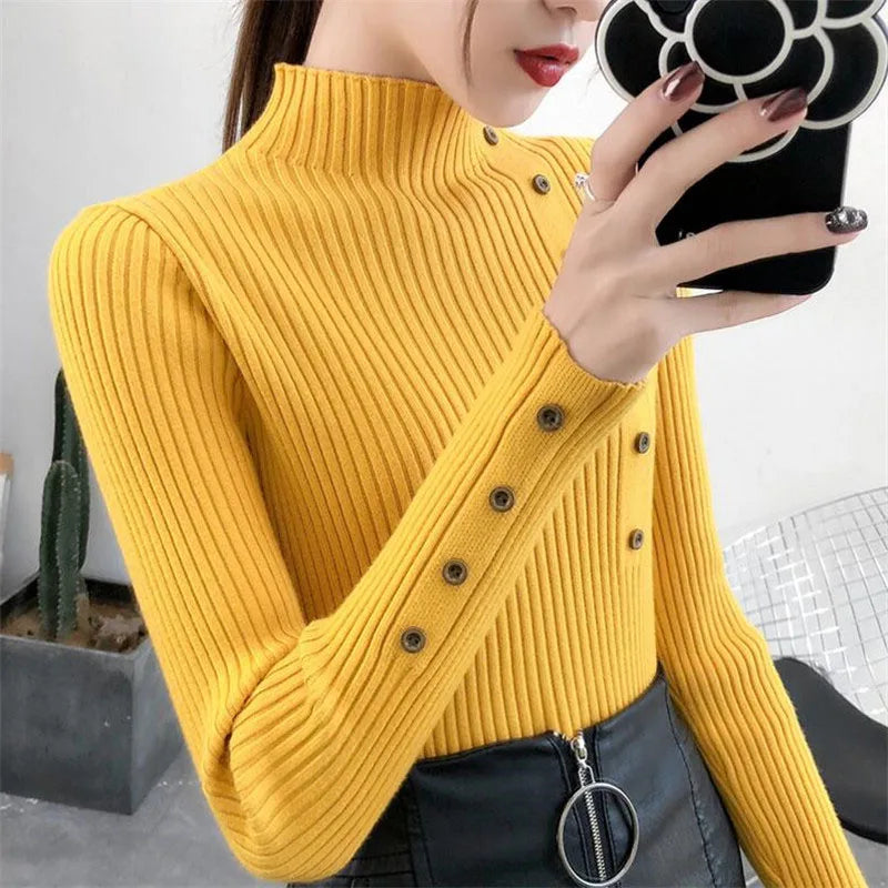2023 frauen Herbst Gestrickte Dünne Pullover Solide Strickte Weibliche Baumwolle Weiche Elastische Farbe Pullover Taste Volle Hülse Rollkragen