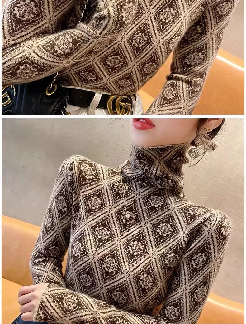 Frauen Kleidung Mode Rollkragen Argyle Stricken Pullover Herbst Winter Elegante Chic Schlanke Langarm Pullover Büro Dame Y2K Top