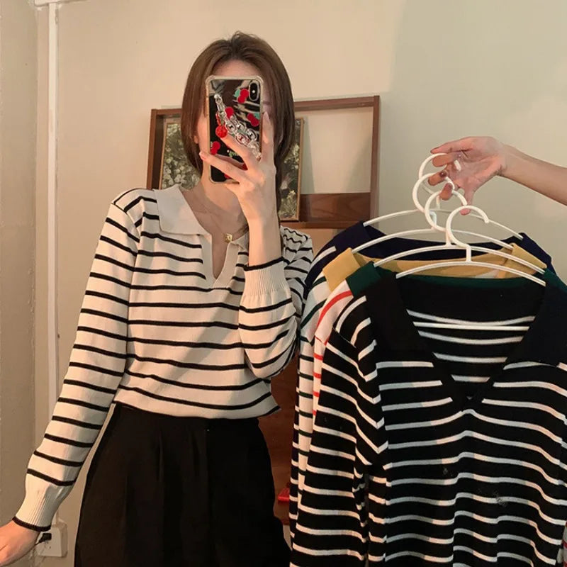 Gestreifter V-Ausschnitt Pullover Polo-Pullover Damen Frühherbst lässig All-Match-Tops Langarm Strick pullover Pullover Pullover