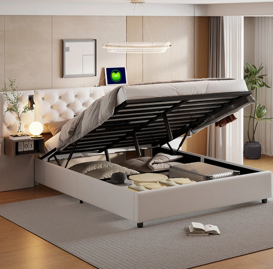 Rosahqnda Polsterbett, Doppelbett, 140/160 x 200 cm, mit 2 Nachttischen, mit LED und USB, hydraulisches Stauraumbett, Samtbeige