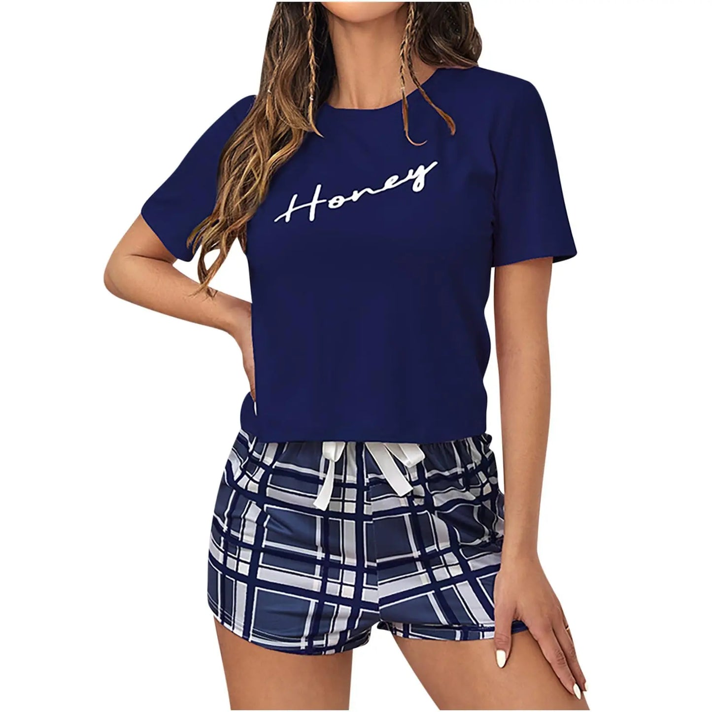 Neue 2-teilige Pyjama-Sets für Damen mit Buchstaben, kurzärmeligen Pullover-Oberteilen und karierten Shorts mit Kordelzug, lässiges T-Shirt, Loungewear-Pjs-Set