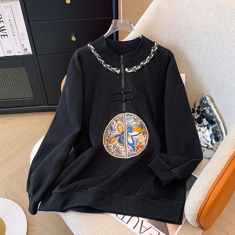 150kg Plus Size Damen büste Frühling Herbst lose neue chinesische Stil Sweatshirt lang ärmel ige geknöpfte Top 5xl 6xl 7xl 8xl 9xl