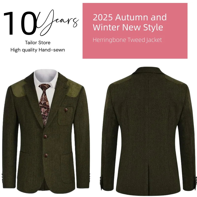 British-style men's suit jacket Houndstooth tweed sports jacket Double-breasted formal jacket British-Style Men's Suit Jacket.