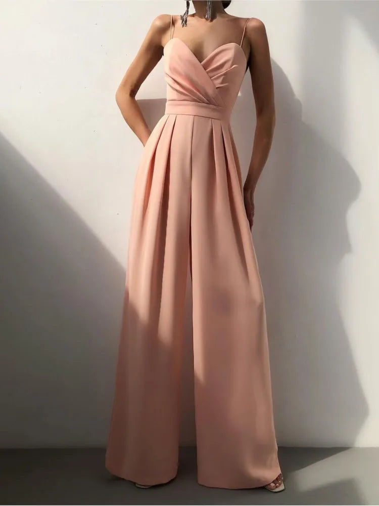 Summer Sexy Suspender Women's Jumpsuits Fashion Pleated Elegant Ladies Wide-leg Jumpsuits Trousers For Woman Party Rompers 2025