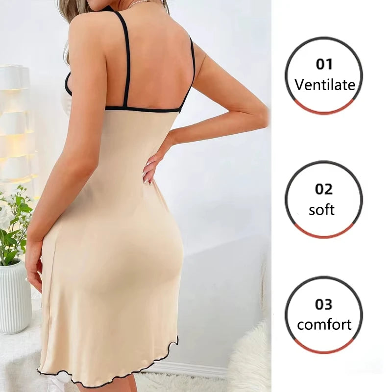 Neues Damen-Nachthemd mit sexy kleinem Bären-Aufdruck, süßes Cami-Schlafkleid, Mini-Spaghettiträger, Salatsaum, Kontrastbesatz, Loungewear