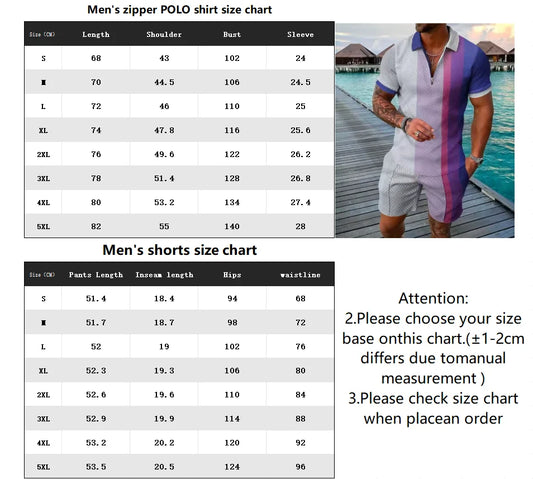 Men's Sportswear set, men's Zipper Polo Shirt set, 3D Printed Casual Zipper Polo Shirt + Shorts 2-piece Business Sportswear Set.