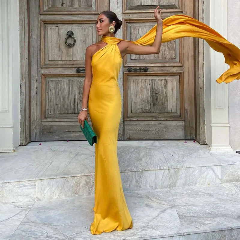 Band hängenden Hals lange Kleider schräg Schulter schnüren rücken frei seidig Satin Temperament Slim Fit Neck holder Frau Fischschwanz Kleid