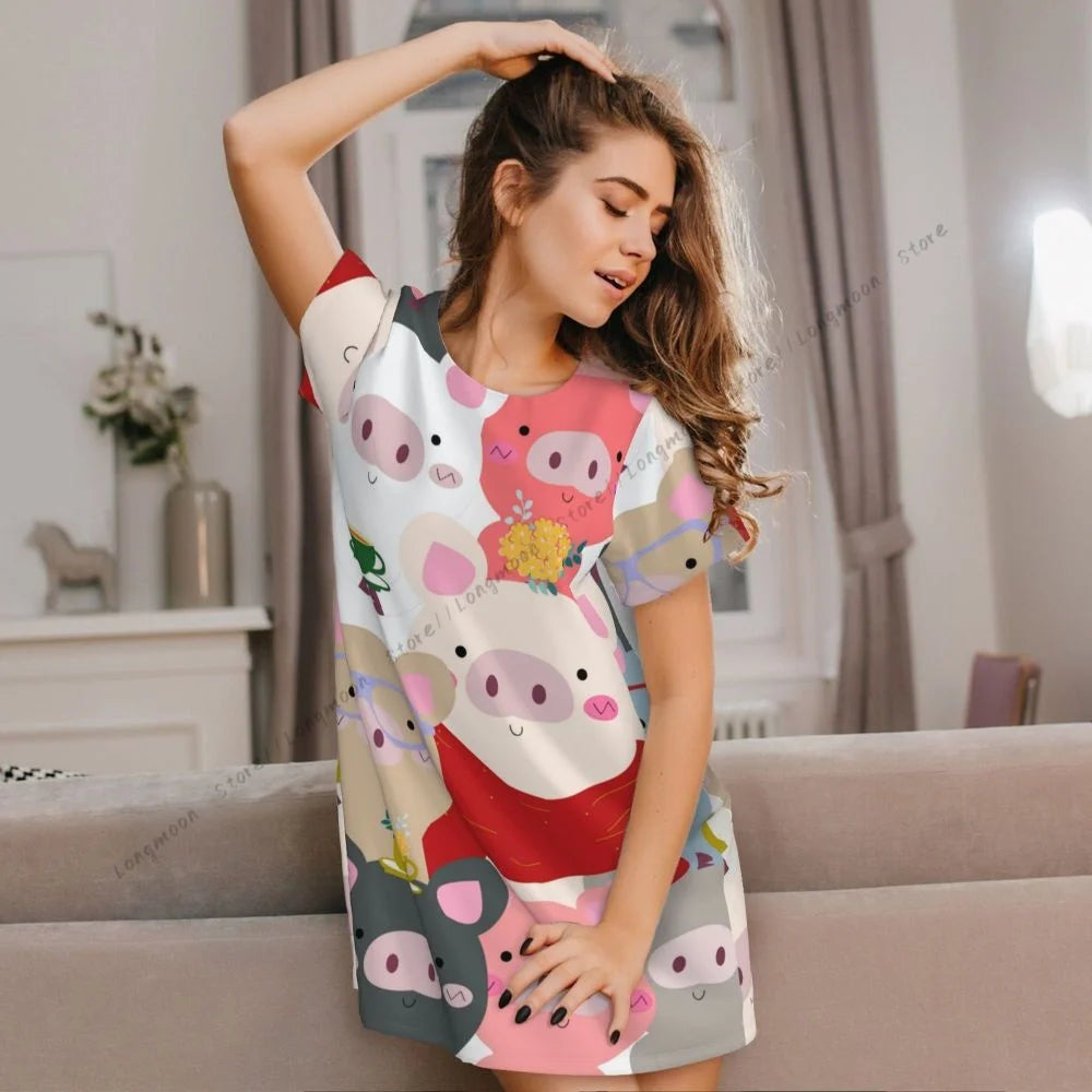 Sommer-Damen-Pyjama, Vintage-Stil, süßes Babyschwein, blau, grau, Pastell, Cartoon-Comic-Kunst, kurzärmeliges Nachthemd, dünner langer Rock, Homewear