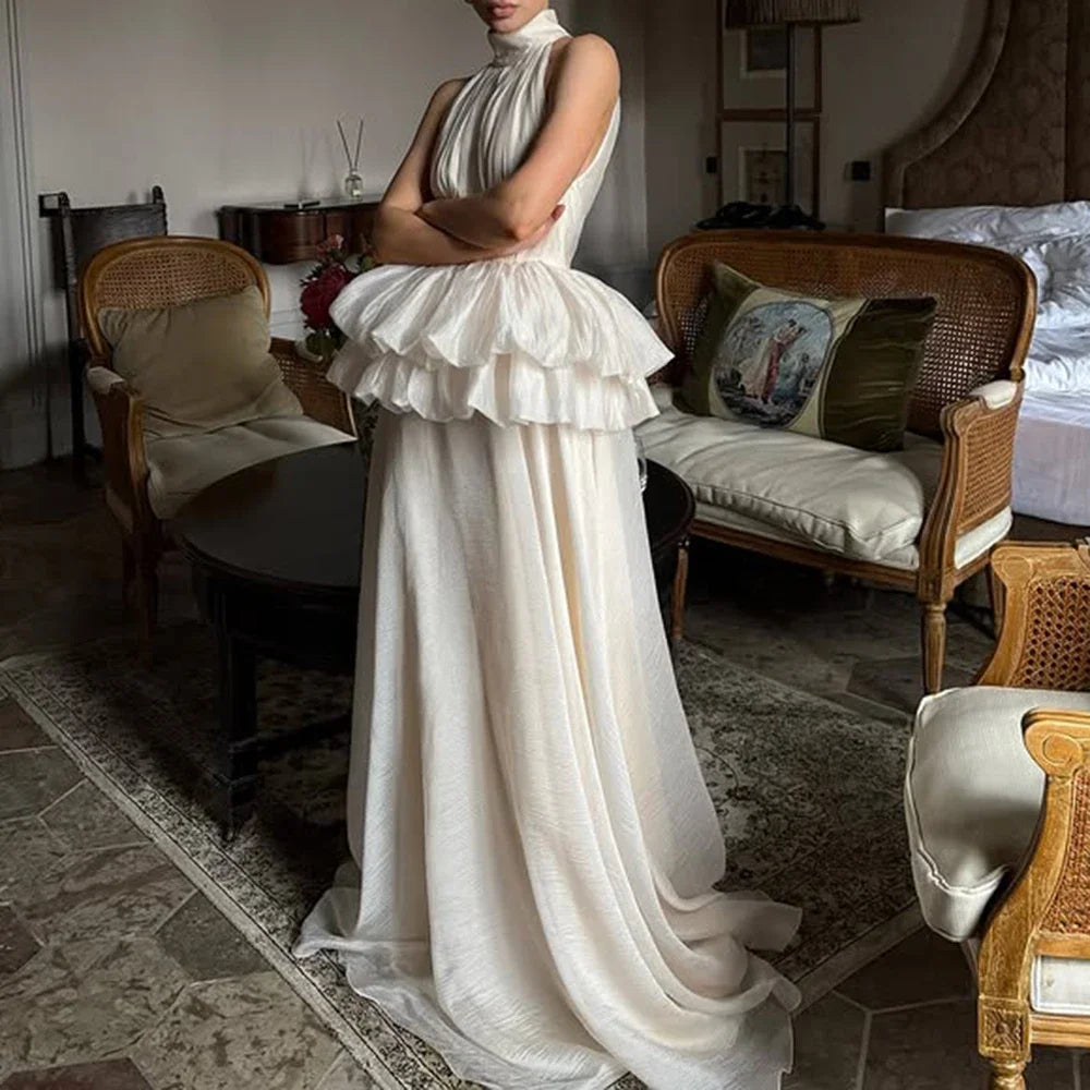 VGH Solide Abend Gespleißt Rüschen Maxi Kleider für Frauen High Neck Ärmellose Tunika Temperament Zeremonie Kleid Weibliche Kleidung
