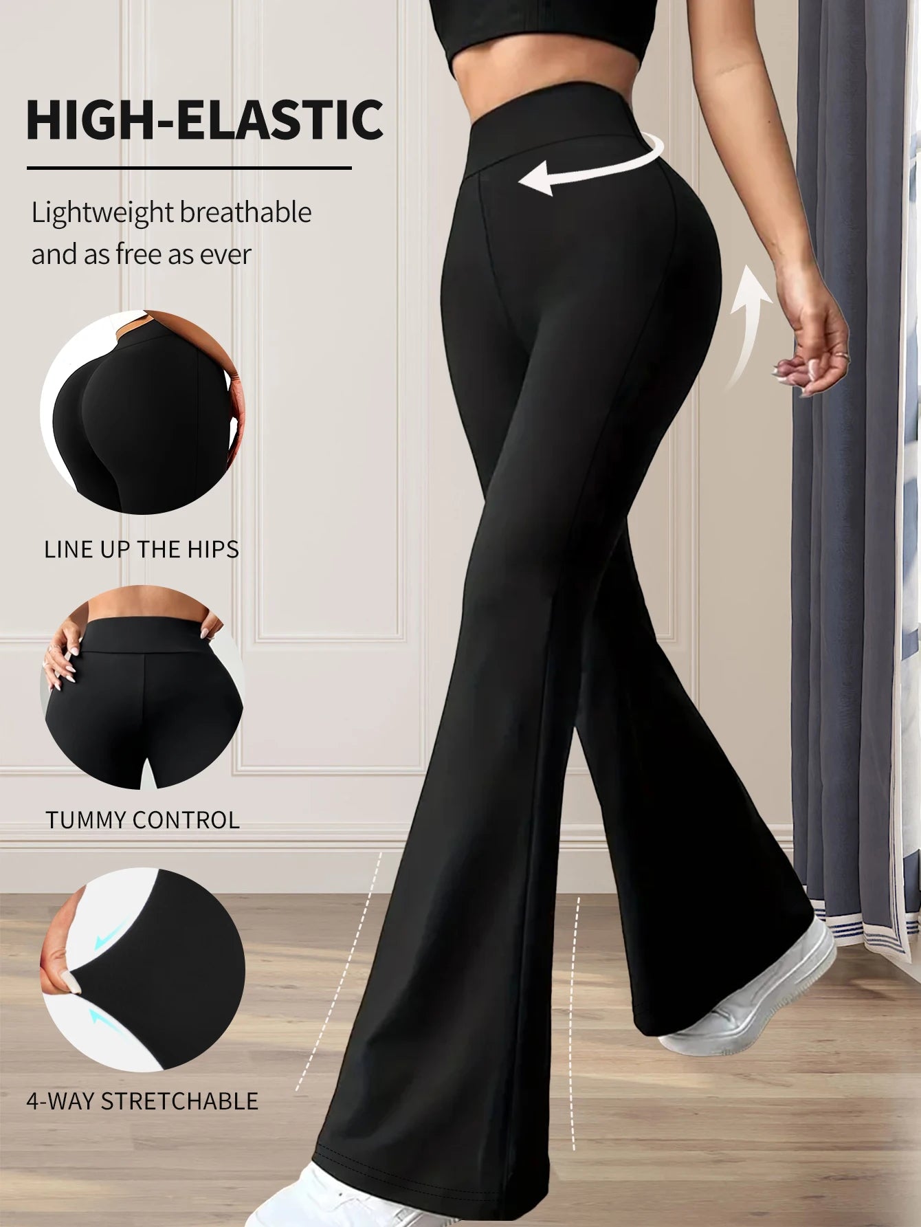 Eng anliegende Schlaghose für Damen im Frühling und Sommer mit hoher Taille, lange schwarze Hose mit schmalem Bein, dünne Hose mit weitem Bein für schlanke Frauen