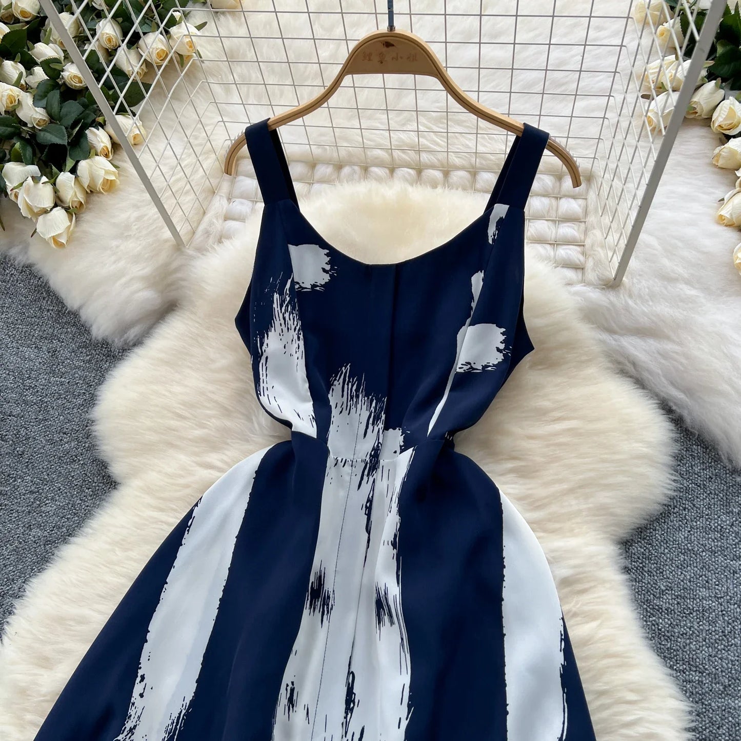 Neue Sommer Druck Süße Kleid Träger O Neck Backless Split Elegante Damen Urlaub Strand Party Midi Sommerkleid