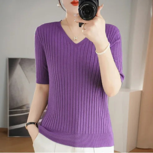 Frauen Pullover Frühling Sommer Kurzarm V-ausschnitt Strick Hemd Casual Koreanische Pullover Streifen Bodenbildung Shirt Slim Fit Jumper