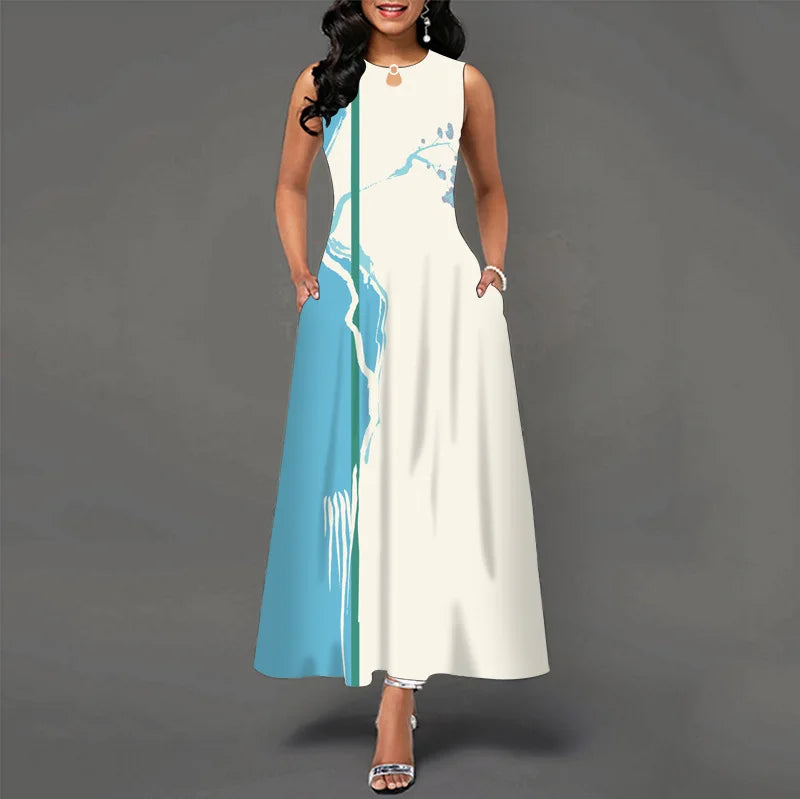 Blumendruck Neues lässiges ärmelloses langes Kleid Damen V-Ausschnitt bedrucktes Kleid Swing Bohemian Retro Kleider