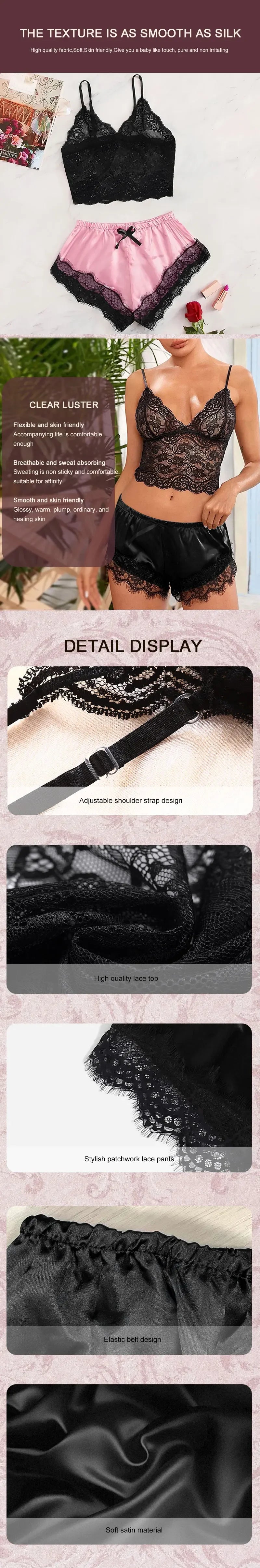 Sommer 2Pcs frauen Neue Sexy Spitze Sehen-Durch Pyjamas Schwarz Rosa Nette Kleidung Atmungsaktivem Hosenträger Shorts set