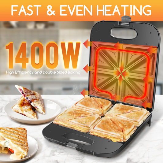 Aigostar Sandwich Maker XXL for 4 Sandwiches, 1400 W, Sandwich Toaster with Non-Stick Coating, Fast Heating, Temperature Control.