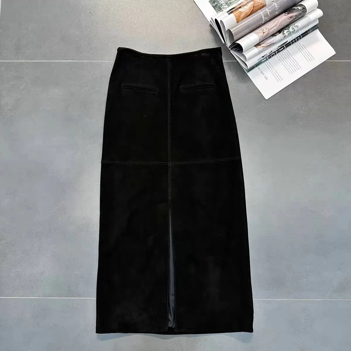 Retro High Grade Suede Real Leather Long Skirt 80cm For Women Upgraded Imported Jupe Back Split Waist Loop Faldas Ankle-Length