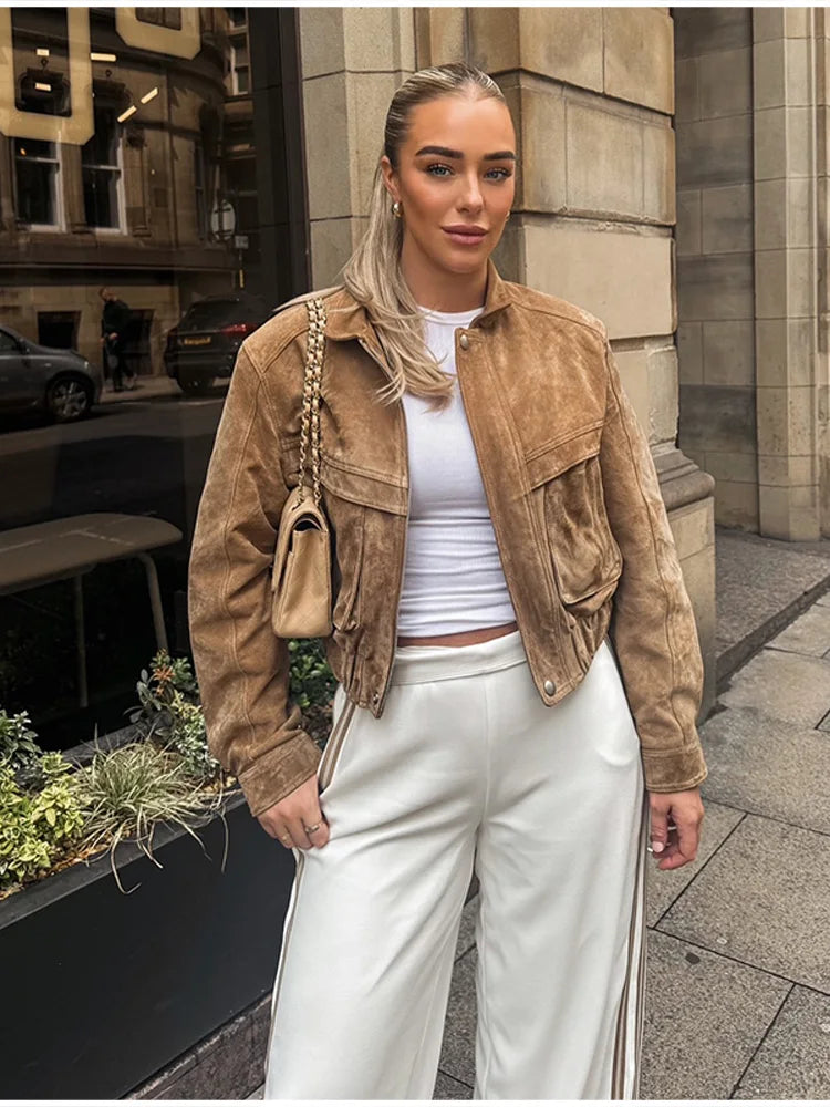 Retro-Jacke, modisch, Frühling und Herbst, lässig, lockere Tasche, langärmelig, trendig, cool, vielseitig, hochwertige Damen-Kurzjacke