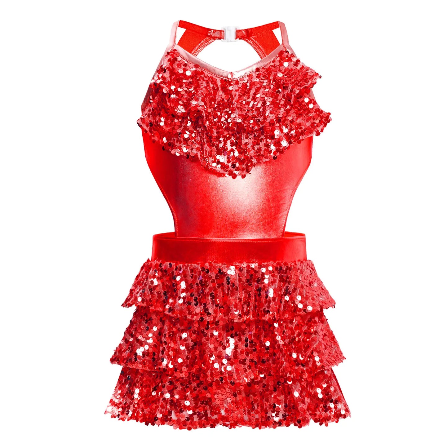 Kinder Mädchen Pailletten Jazz Ballett Tanzkleid Ärmellos Ausschnitt Tiered Rüschen Trikot Salsa Samba Rumba Skating Performance Kostüm