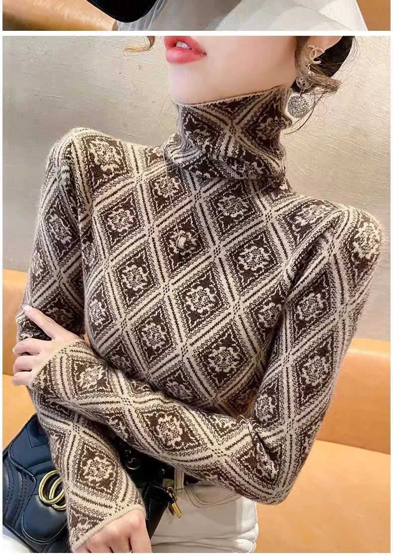 Frauen Kleidung Mode Rollkragen Argyle Stricken Pullover Herbst Winter Elegante Chic Schlanke Langarm Pullover Büro Dame Y2K Top