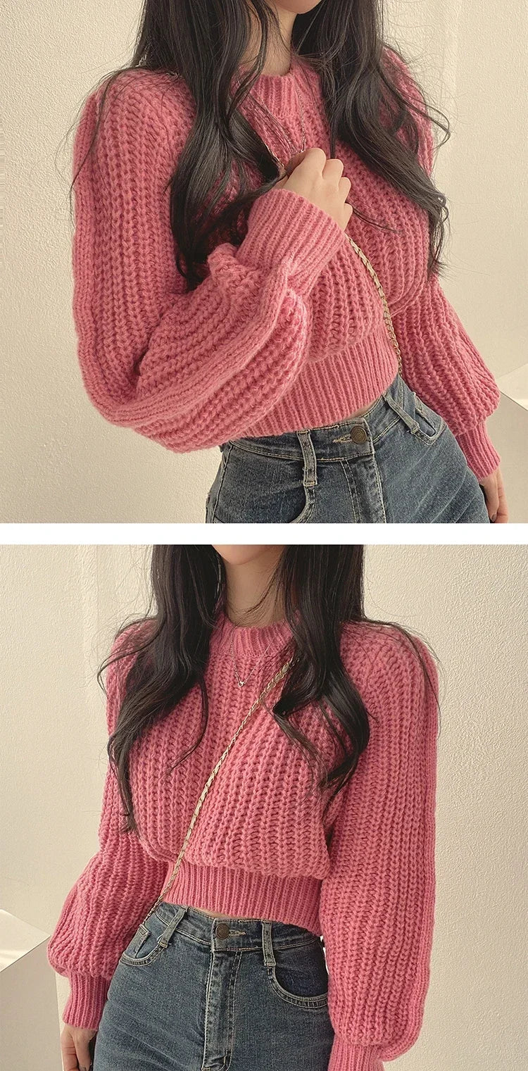 Lose Vintage Harajuku Laterne Langarm Frauen Pullover Koreanische Herbst Winter Strickwaren Weiche Warme Tops Chic Solide Femme Pullover