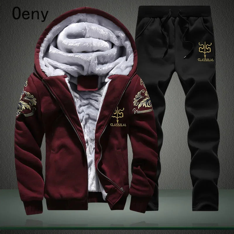 New Winter Fleece Thicken Men's Two-piece Zipper Sports Set Hooded Thermal Suit Casual Oversized Tracksuit 4XL 5XL Funny Suit