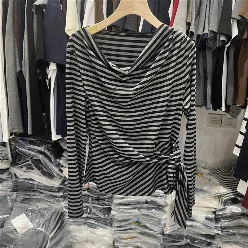 Women's Long Sleeve Striped T-Shirt Shoulder Baring Side Tie Base Shirt Versatile Autumn Fashion Design Cotton Top