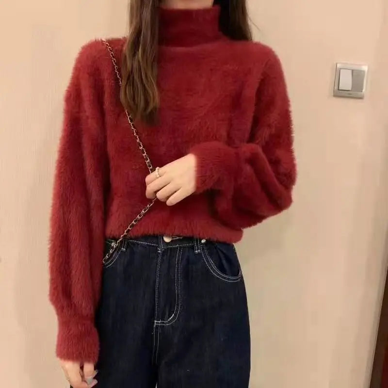 2025 frauen Gestrickte Tops Winter Imitieren Nerz Wolle Heißer Fleece Weibliche Rollkragen Elastische Beiläufige Pullover Weiche Warme Pullover