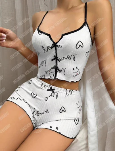Frauen Sexy Nachtwäsche Pyjamas Set Herz Druck Seide Fleck V-ausschnitt Ärmellose Sexy Dessous Casual Cami und Shorts Sets Loungewear