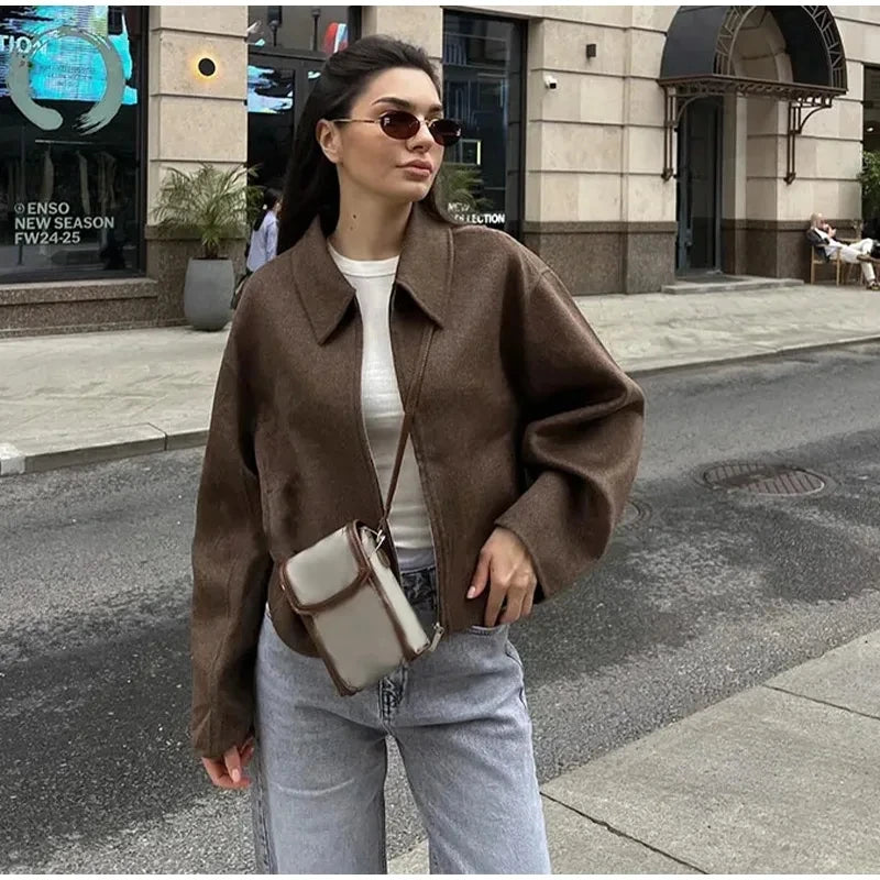 Mode Braun Zipper Woolen Jacke Für Frauen Elegante Revers Langarm Kurze Mäntel Weibliche Vintage Herbst Dame Straße Oberbekleidung