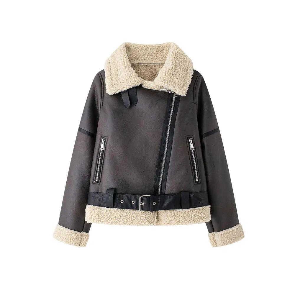 TRZA-Damen-Jacke aus dickem, warmem Wildleder mit Gürtel, langärmlige Mäntel, Kunstscheren, weibliche Oberbekleidung, schicke Oberteile, Wintermode