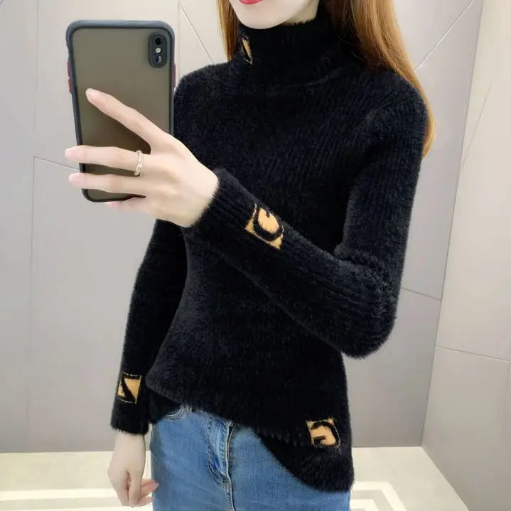 Hoher Kragen Pullover Pullover Frauen Nerz Brief Jacquard Unterlage Solide Western Stricken Unterwolle Herbst Winter Pullover Pullover