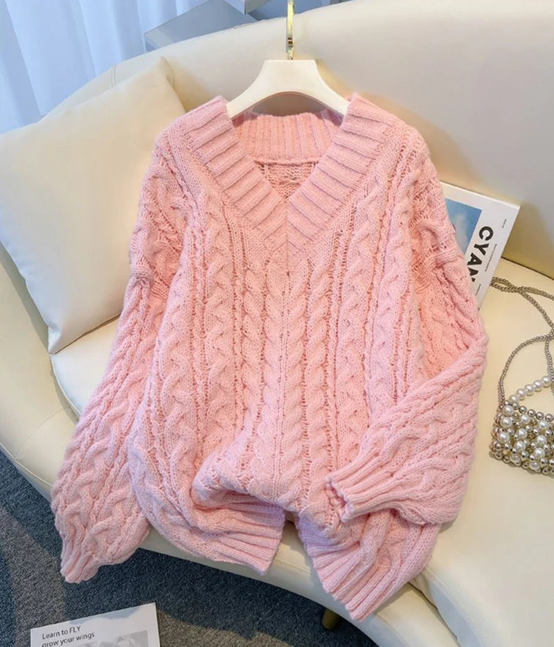 MEXZT Harajuku Pullover Frauen Mode Übergroßen Rosa V-ausschnitt Gestrickte Pullover Koreanische Langarm Strickwaren Winter Casual Jumper