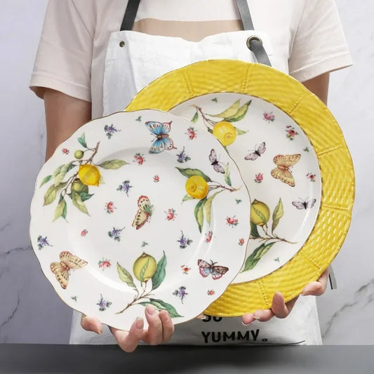 Europeanc Style Ceramic Dining Plate Elegant Lemon Pattern Dinner Steak Plate Coffee Cup Set Western Cuisine Dessert Plate.