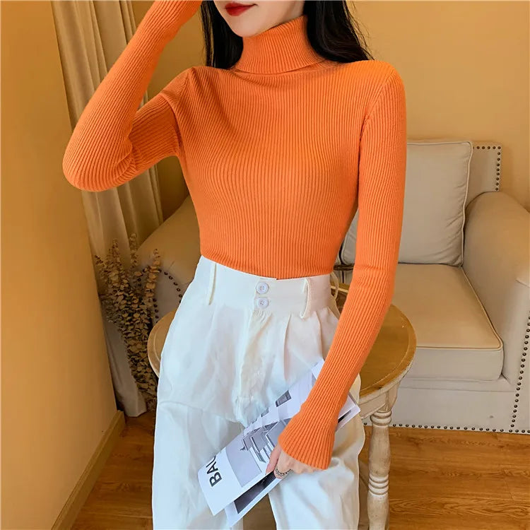 2023 herbst Winter Frauen Langarm Gestrickte Foldover Rollkragen Rippen Pull Pullover Weiche Warme Femme Jumper Pullover Kleidung