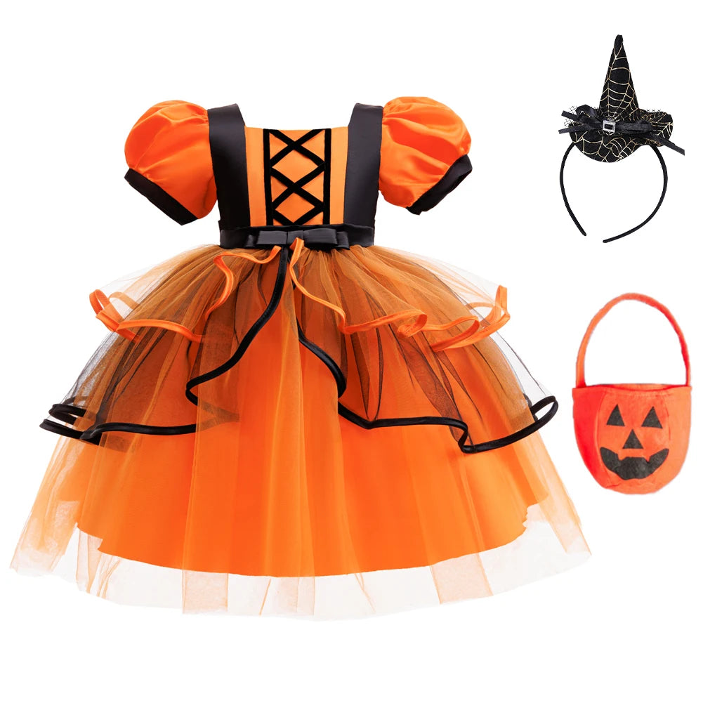 Orangefarbenes Halloween-Kinderkleid für 2–10 Jahre, Polyestermaterial, Puffärmel und mehrlagiger Tüllrock, süße Prinzessinnenkleidung