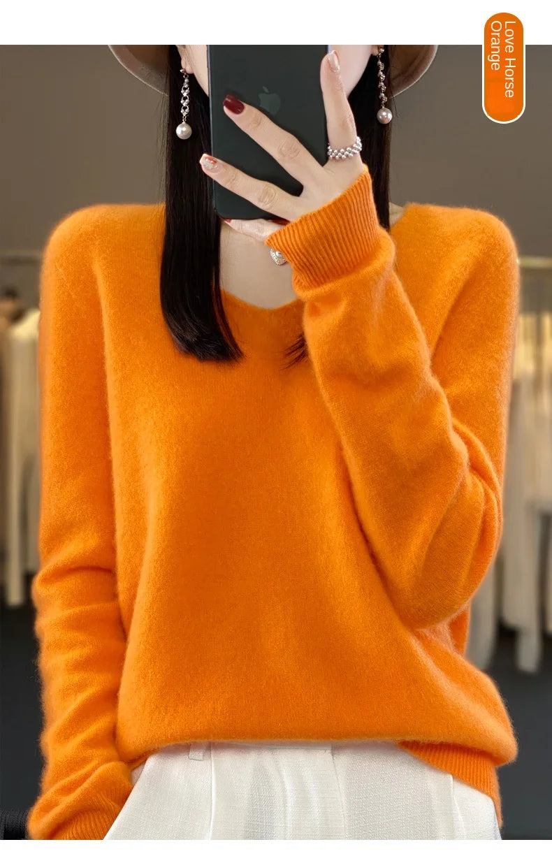 2024 100% Merino Reine Wolle V-ausschnitt Herbst Und Winter Pullover Pullover Neue Kaschmir Pullover frauen Beiläufige Gestrickte Top DMR201