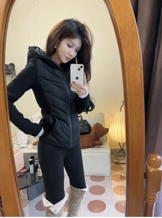 ETJ 2025 neue Damen-elegante Mode-Patchwork-Langarm-Stehkragen-Baumwolljacke mit Kapuze, Sportmantel 8073227