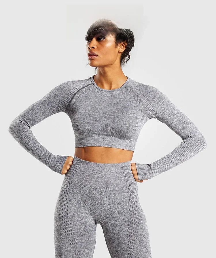Noennamenull Women's Long Sleeve Yoga Set Seamless Knit Fitness Clothing Quick Dry Export Quality Cross Body Top