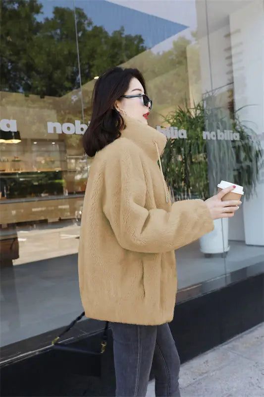 Frauen Winter Doppel Korallen Fleece Warme Mantel Stehkragen Plüsch Dicken Mantel Weibliche Mode Casual Langarm Zipper Kleidung