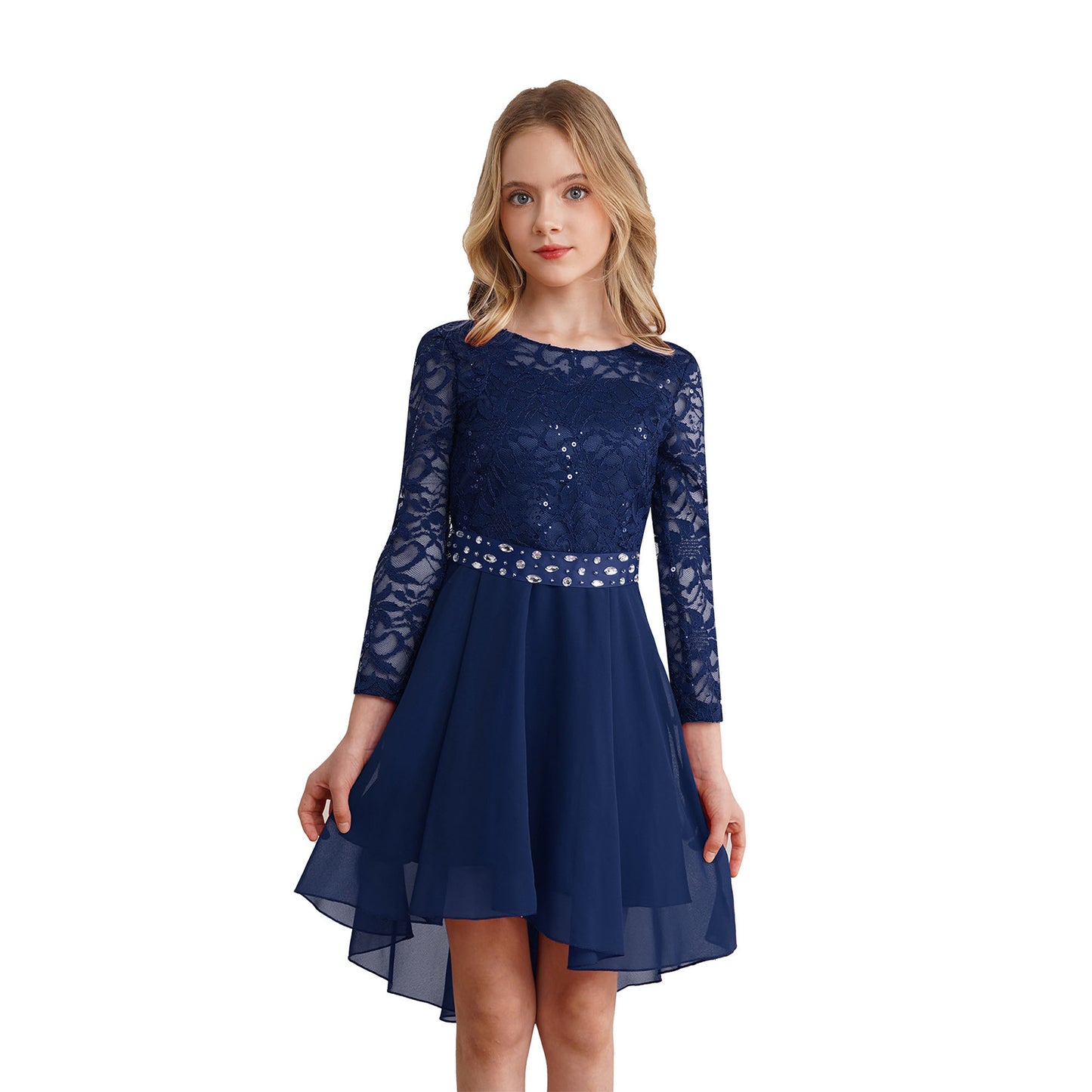 Elegantes Spitzen-Partykleid für Kinder, Mädchen, Chiffon, Spleißen, langärmelig, Kleid mit hohem und niedrigem Saum und Strass-Schärpe für Hochzeit, Geburtstag