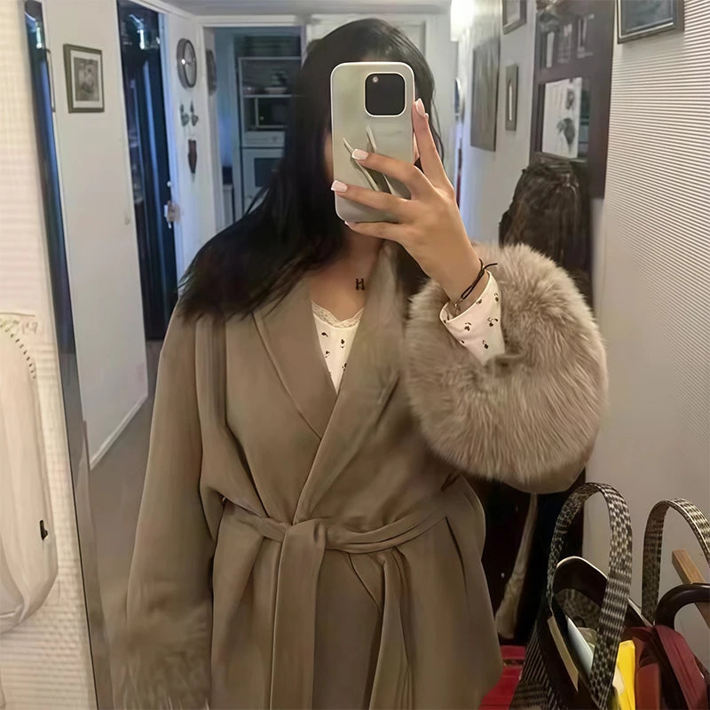 Frauen Mäntel Elegante Revers Plüsch Mit Gürtel Faux Pelz Hülse Tweed Offenen Mantel Weibliche 2025, Herbst Winter Mode Dame streetwear