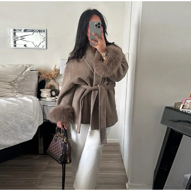 2025 Chic Revers Plüsch Mantel Mit Gürtel Frauen Vintage Feste Faux Pelz Hülse Tweed Offene Mäntel Weibliche Herbst Casual Straße outwear