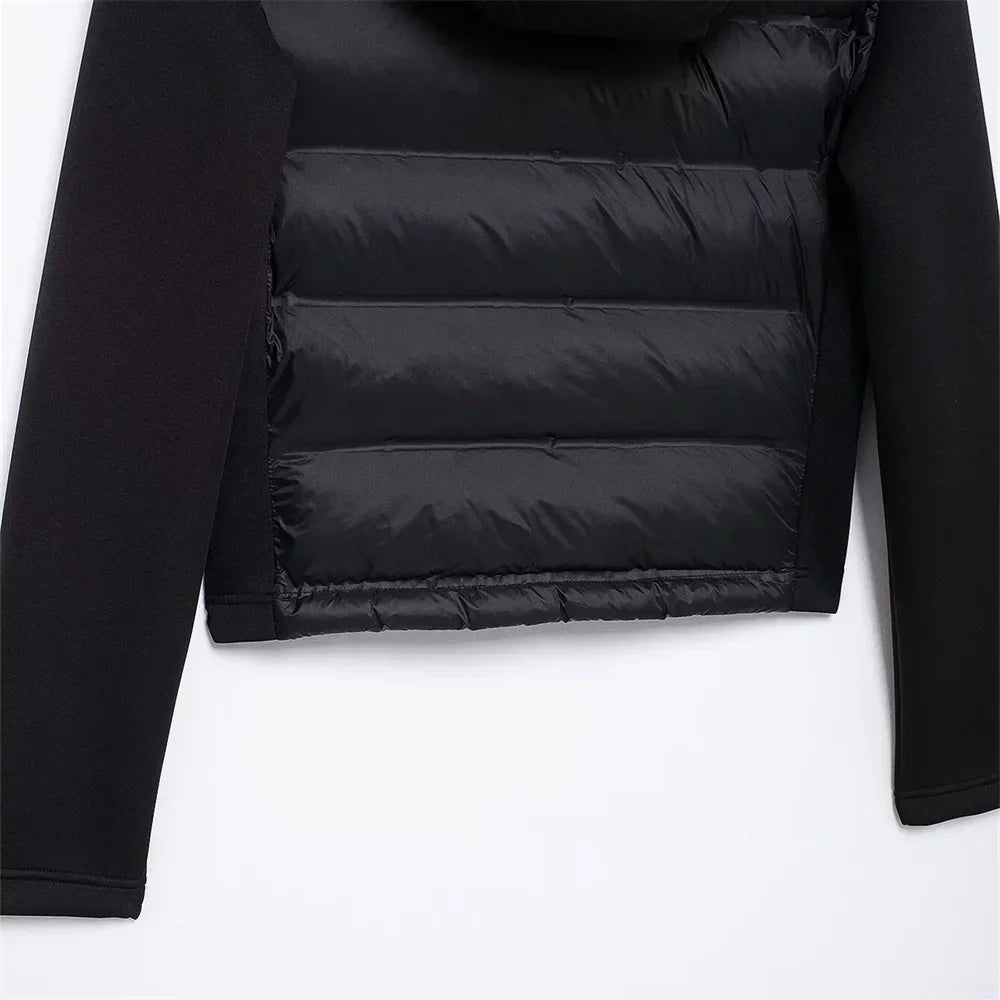 ZBZA Damenmode mit Kapuze, Neopren-Effekt, gespleißter, wattierter Jacke, hoher Kragen, lange Ärmel, verstellbare Kapuze, lässig, schmale Passform, warmer Mantel, Herbst/Winter, neue schicke Damen-Oberbekleidung