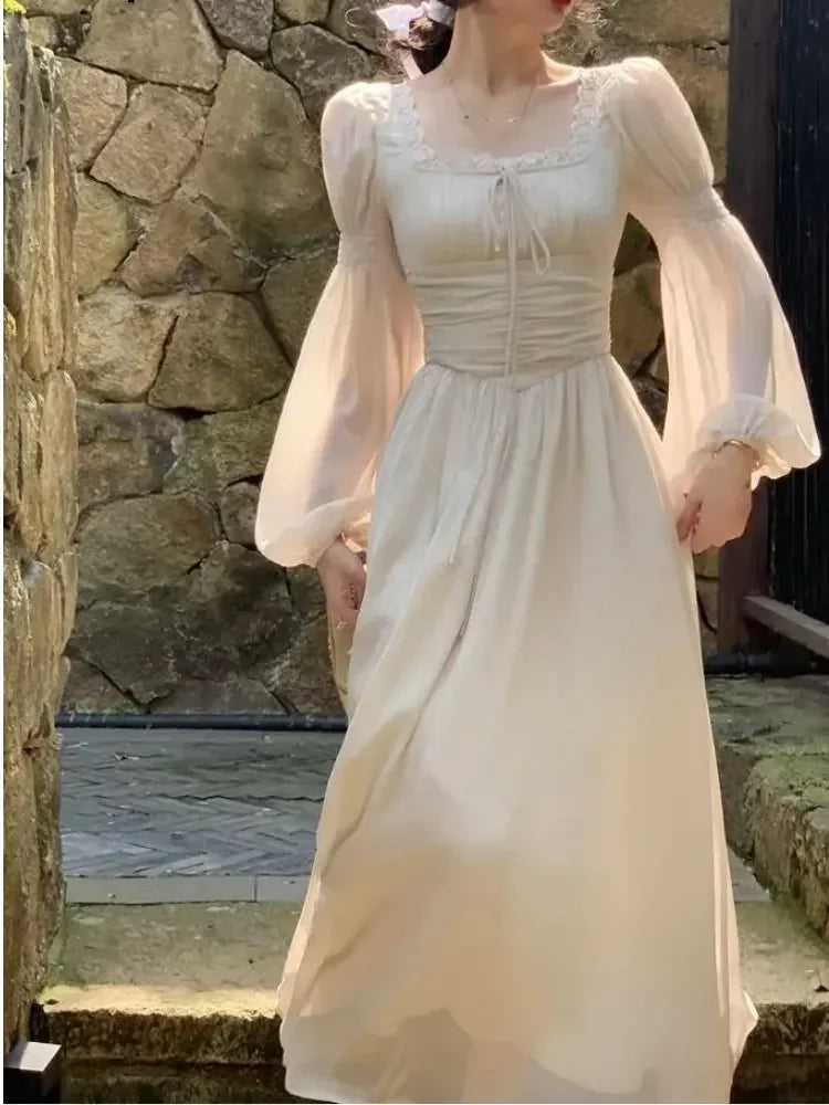 2024 Französisch elegante Prinzessin Abend party Midi Kleider für Frauen A-Linie schlanke Bandage Langarm Vestidos koreanische Frühlings kleidung