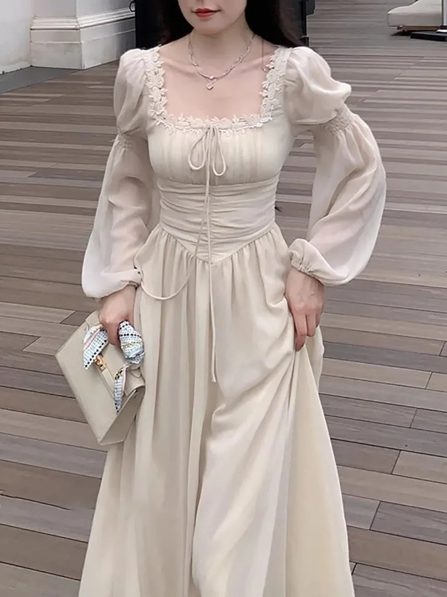 2024 Französisch elegante Prinzessin Abend party Midi Kleider für Frauen A-Linie schlanke Bandage Langarm Vestidos koreanische Frühlings kleidung