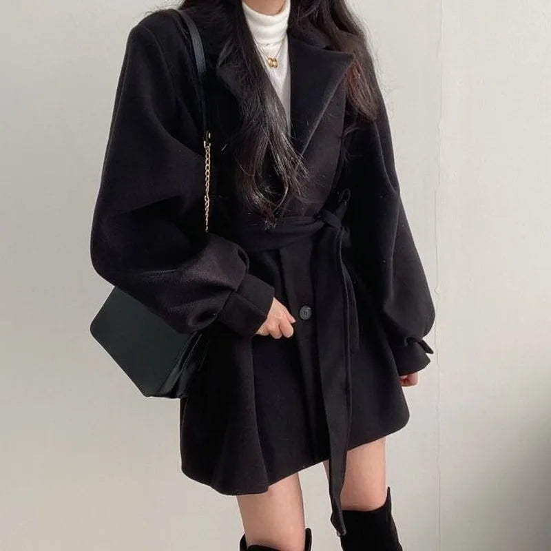 Frauen Solide Wolle Mischung Mantel Slim Fit Gürtel Mäntel Weibliche Warme Baumwolle Dicker V-ausschnitt Büro Dame Elegante Trendy Taste Outwear ins