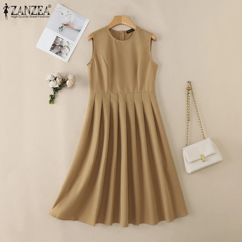 ZANZEA Elegante Frauen Plissee Midi Kleider Ausgestattet Taille Ärmel Solide Party Vestidos 2025, Sommer O Neck Pendeln Roben Femme