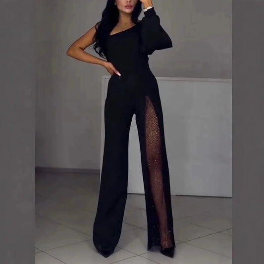 2025 Sping Summer Women's Jumpsuit Casual Comfortable Fashion Sexy Slanted Mesh Slightly Tilted Neck Office Jumpsuits.